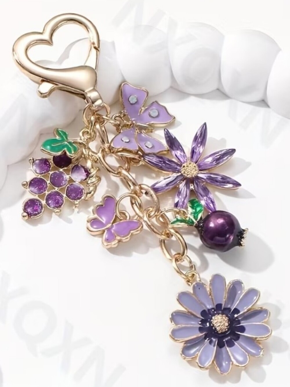 Gold-Tone Purple Floral Bag Charm/ Keychain - Women's Jewelry
